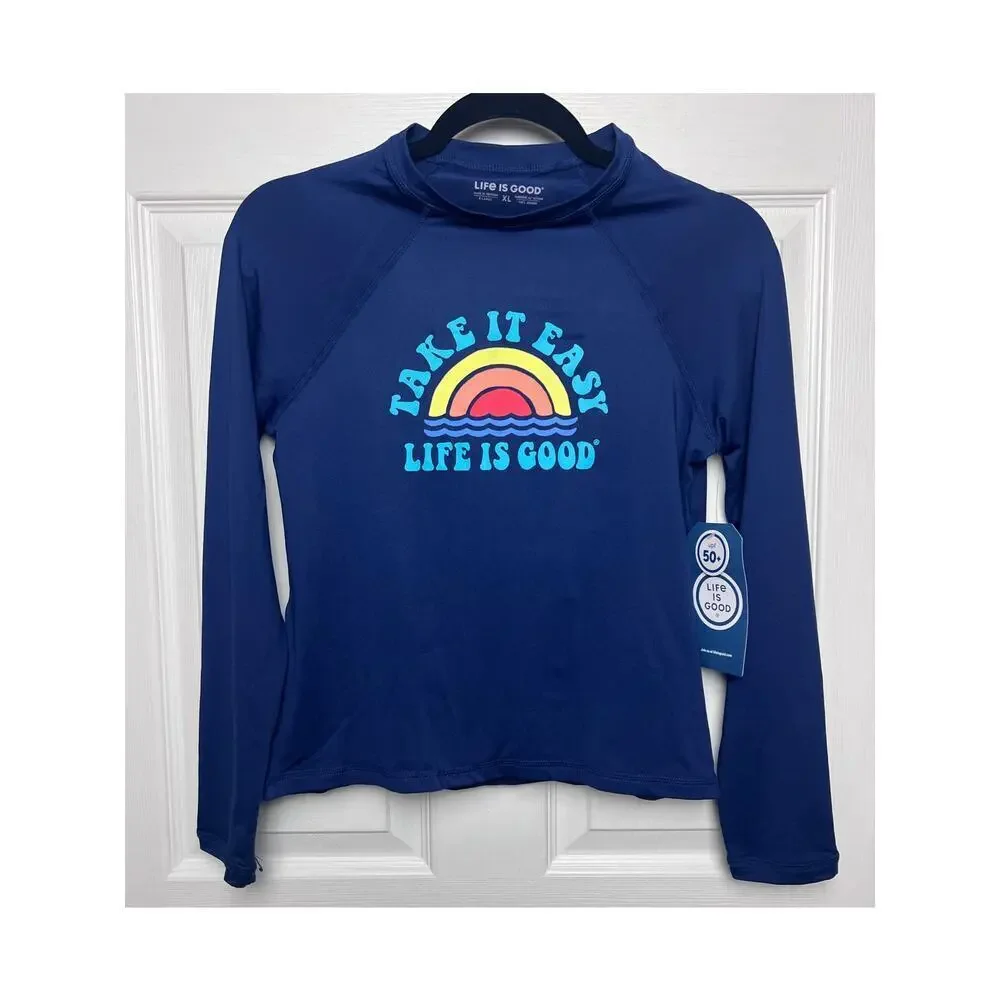 Life is Good Sun Shirt Kids Navy Long Sleeve Stretch UPF 50 Unisex Size XL